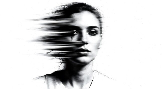 Abstract portrait of a woman with a dissolving or fragmented face, conveying emotion