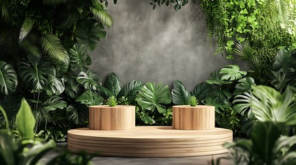 Wooden Podiums Amidst a Lush Green Tropical Plant Wall for Product Display or Presentation