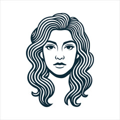 Hand-drawn female portrait in vintage engraving style with flowing hair and fine lines. Classic Virgo zodiac sign illustration. Perfect for logo, tattoo, and horoscope design. Part of set.