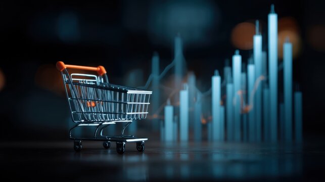 Miniature shopping cart stands against abstract financial chart representing e-commerce growth and market trends, highlighting retail business and online shopping dynamics. - Powered by Adobe