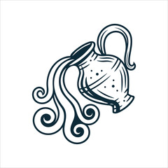 Hand-drawn water jug in vintage engraving style with flowing lines and elegant details. Classic Aquarius zodiac sign illustration. Perfect for logo, tattoo, and astrology art. Part of set.