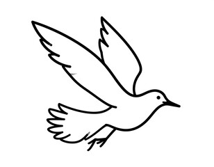 Obraz premium A minimalist, black-outlined drawing of a flying bird. The bird is shown from the side, with its wings spread wide, appearing in mid-flight