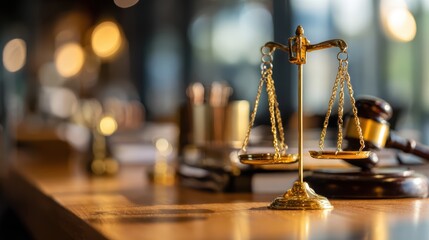 Close up of legal scale balance on polished wooden court desk with gavel and law books in legal office environment