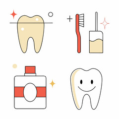Dental care and oral hygiene icon set with tooth toothbrush and mouthwash illustrations.