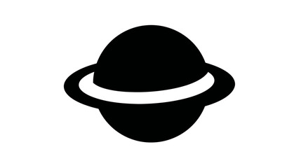 Fototapeta premium Minimalist black planet icon with ring, representing space, astronomy, and the solar system. Simple graphic symbol on white background.