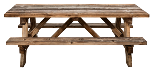 A weathered wooden picnic table, featuring a classic design with attached benches and angled legs