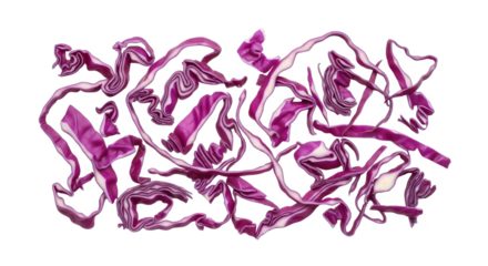 A top-down view of freshly shredded red cabbage, with vibrant purple leaves spread loosely in twisted curls on a clean white background