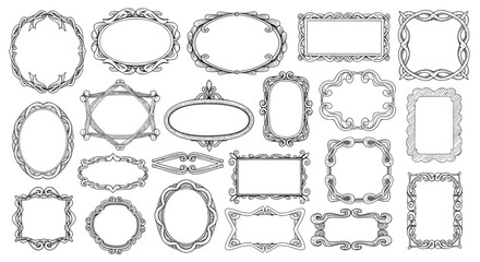 A collection of ornate vintage decorative frames in various shapes and sizes, featuring intricate scrollwork and elegant designs.