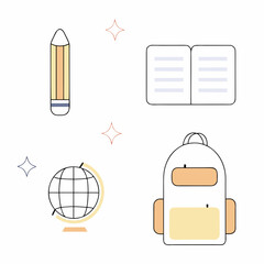 Flat Design School Supplies Illustration Set with Pencil Notebook Globe Backpack.