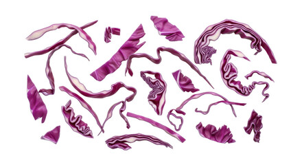 Fototapeta premium Freshly chopped and shredded red cabbage pieces, vibrant purple, scattered loosely on a clean white background, showcasing natural textures for healthy culinary designs