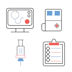 Medical Icons Computer Syringe Clipboard and Medical Cabinet.