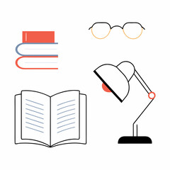 Minimalist Study Essentials Illustration Books Eyeglasses and Desk Lamp.