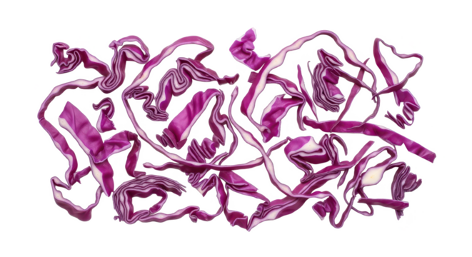 A top-down view of freshly shredded red cabbage, with vibrant purple leaves spread loosely in twisted curls on a clean white background