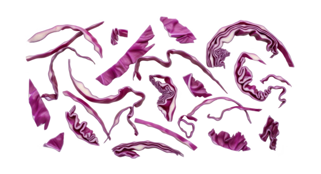 Freshly chopped and shredded red cabbage pieces, vibrant purple, scattered loosely on a clean white background, showcasing natural textures for healthy culinary designs