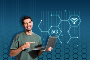 Full 3d art pop image collage of happy freelancer businessman hold laptop wifi connection 5g speed network cyberspace wlan