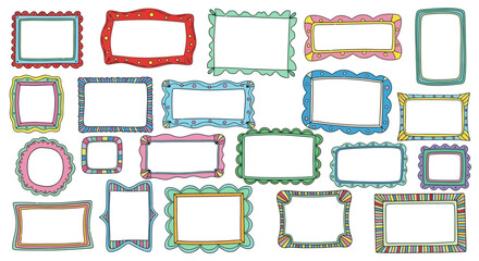 A whimsical collection of hand-drawn colorful decorative frames with various shapes and border patterns.