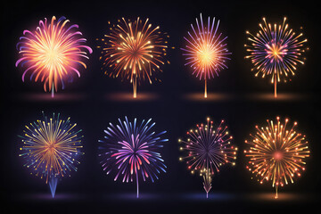 Fototapeta premium Fireworks set of icons, symbols. Celebration, winner, New year party, anniversary poster and banner design. Chinese new year abstract background