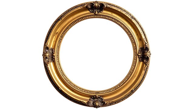A decorative, circular gold frame, ornately detailed with floral accents. The frame is empty, presenting a stark contrast against the pure white background