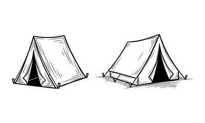 Hand drawn sketch style tents for camping adventure and outdoor recreation adventures