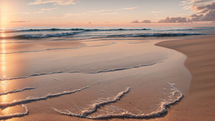 Sunrise reflection on sand and ocean waves