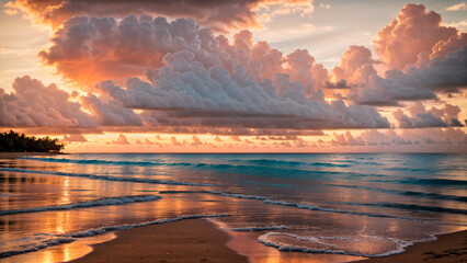 Tropical sunset over palm-lined beach