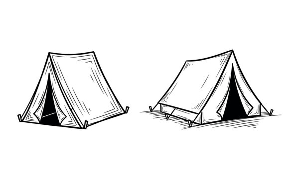 Hand drawn sketch style tents for camping adventure and outdoor recreation adventures