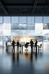 Business professionals analyzing financial data in a modern office at sunset