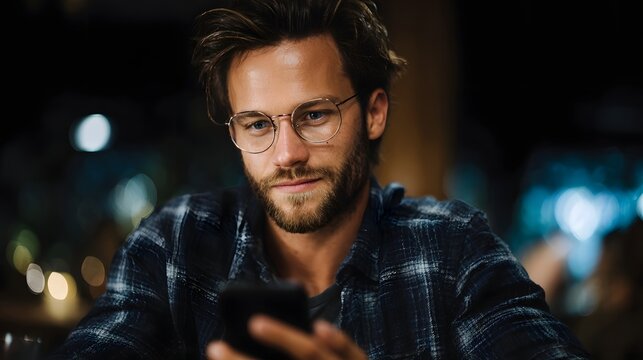 A man wearing glasses and a plaid shirt looks at his smartphone in a dimly lit setting with bokeh lights