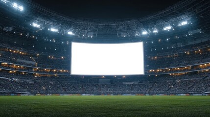 Empty stadium with large empty screen and crowd anticipation at night for future sports events or concerts showcasing bright lights and excitement