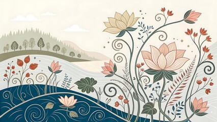 Elegant floral illustration of nature scenery with lake and mountains