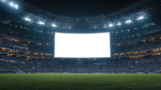 Empty stadium with large empty screen and crowd anticipation at night for future sports events or concerts showcasing bright lights and excitement