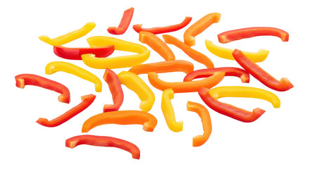 A vibrant pile of red, yellow, and orange sliced sweet bell pepper strips scattered on a clean white background