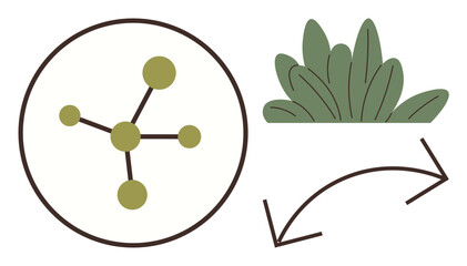 Green molecular model connected to circular arrows and leaves, representing sustainability, ecology, recycling, science, nature, energy, and innovation. Ideal for eco-friendly themes simple flat