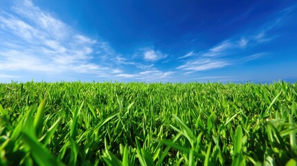 Obraz premium Lush Green Grass Under Bright Blue Sky with Fluffy White Clouds and a Sense of Freshness and Nature in the Open Field Landscape