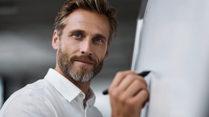 A middle aged man with a beard wearing a white shirt smiles while writing on a whiteboard in a bright office representing business or education