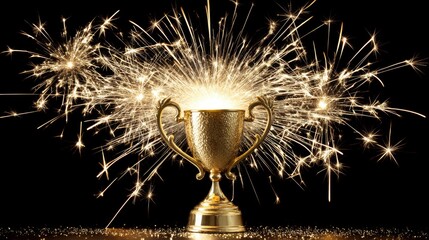 Golden trophy with sparkling fireworks on dark background celebrating achievement, success, victory, and rewards in a festive atmosphere