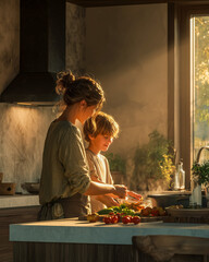 Family cooking together in a warm kitchen, enjoying a sunny afternoon while preparing fresh ingredients