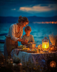 Cooking together by the lakeside at dusk with warm lantern light illuminating the joyful moments shared between a mother and her son