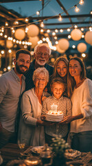 Family gathers around a birthday cake at a festive outdoor celebration in the evening