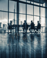 Business meeting in modern office with skyline view and digital graphics in the background