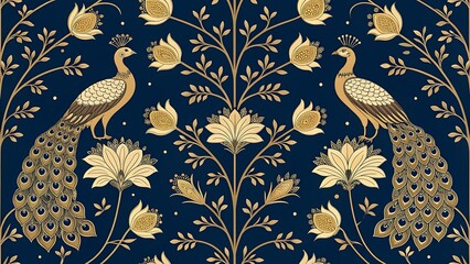 Elegant peacock and floral pattern in gold and navy for backgrounds