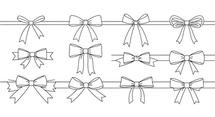 Collection of line art bow illustrations, various styles, on ribbons.