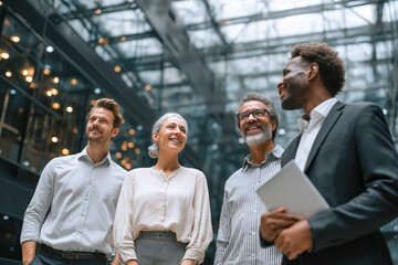 Group of professionals smiling and engaging with each other in a modern office space during a business meeting