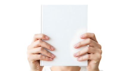 Person Holding a White Book Cover Template Isolated on Black Background