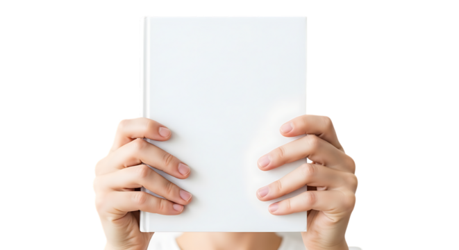 Person Holding a White Book Cover Template Isolated on Black Background