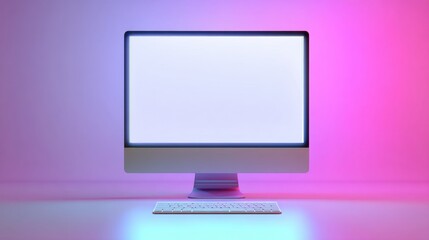 Modern sleek computer monitor with blank screen, illuminated in vibrant pink and blue tones, ready for digital creativity and workspace innovation