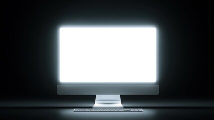 Fototapeta premium Blank computer screen on a dark desk highlighting minimalism in technology and promoting creativity, innovation, and workspaces for digital environments