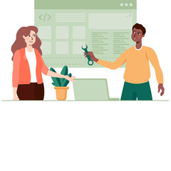 Two diverse people collaborate on a web development project with a laptop and tools in a soft green and orange color palette with transparent background