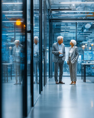 Older couple engaged in conversation inside a modern office space with glass walls and bright lighting