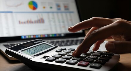 Close up of hands using a calculator with a laptop displaying financial charts and graphs in the background